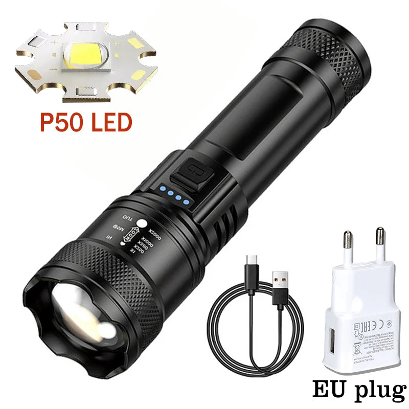 High Strong Power Led Flashlights 2000LM Tactical Torch with Display Light USB Charging Camping Fishing Emergency Zoom Lantern