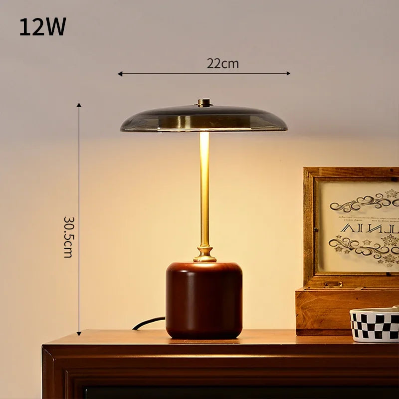 12W LED Retro Luxury Glass Timber Copper Table Lamp Designer Desktop Light for Bedside Bedroom Home Art Decor Night Light