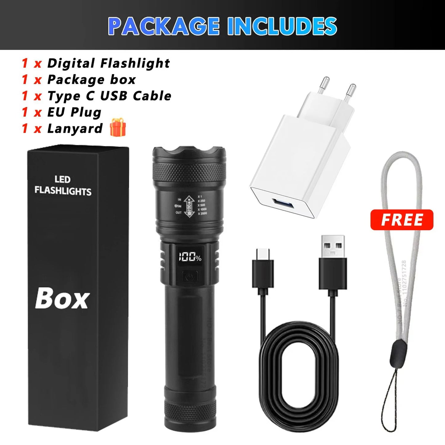 High Strong Power Led Flashlights 2000LM Tactical Torch with Display Light USB Charging Camping Fishing Emergency Zoom Lantern