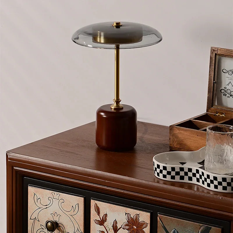 12W LED Retro Luxury Glass Timber Copper Table Lamp Designer Desktop Light for Bedside Bedroom Home Art Decor Night Light