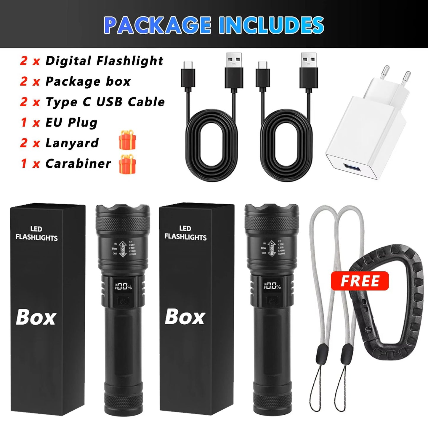 High Strong Power LED Flashlight Tactical Torch USB Rechargeable Zoom Emergency Lights For Outdoor Fishing Work Lighting Lamp