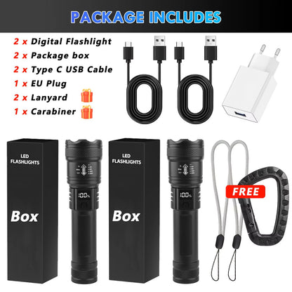 High Strong Power Led Flashlights 2000LM Tactical Torch with Display Light USB Charging Camping Fishing Emergency Zoom Lantern