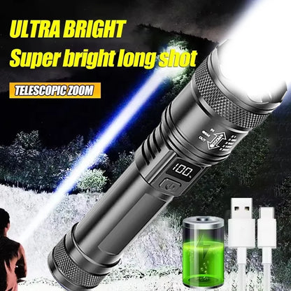 High Strong Power Led Flashlights 2000LM Tactical Torch with Display Light USB Charging Camping Fishing Emergency Zoom Lantern