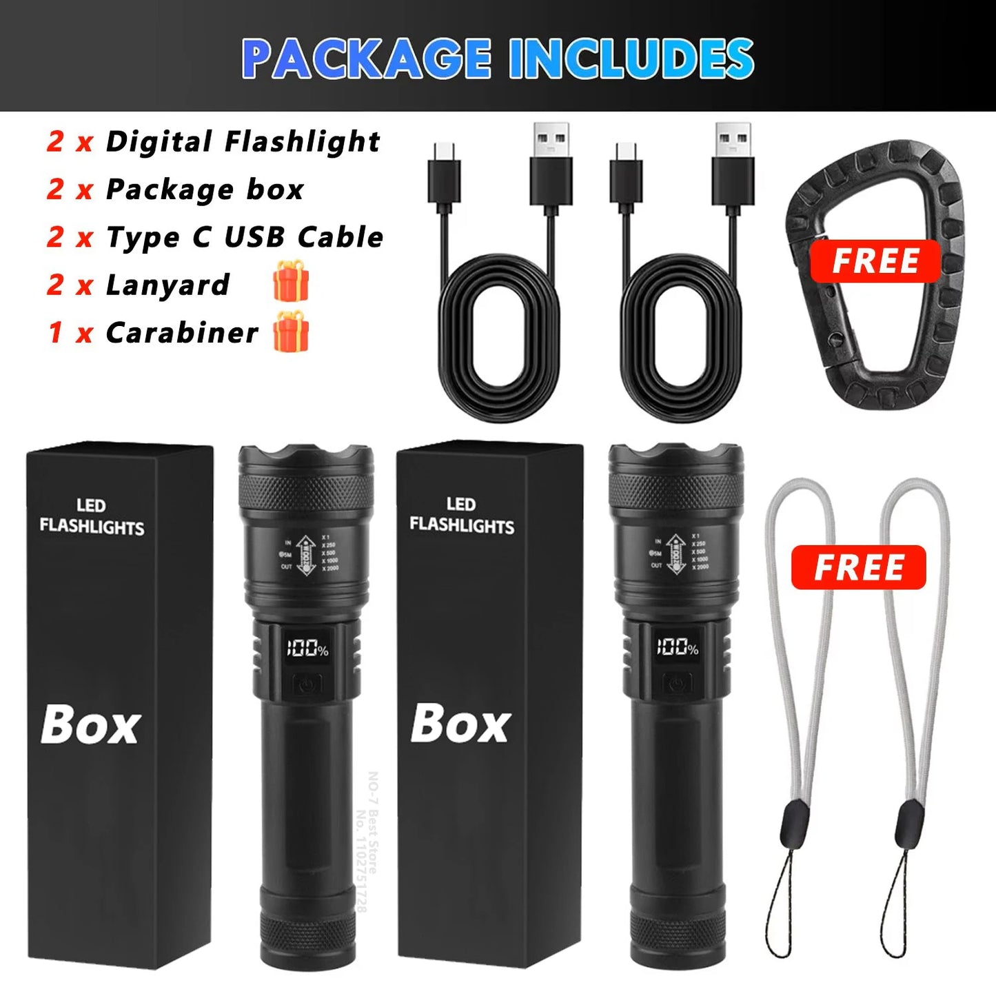 High Strong Power Led Flashlights 2000LM Tactical Torch with Display Light USB Charging Camping Fishing Emergency Zoom Lantern