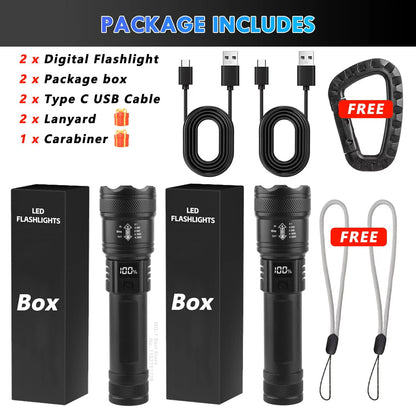High Strong Power Led Flashlights 2000LM Tactical Torch with Display Light USB Charging Camping Fishing Emergency Zoom Lantern