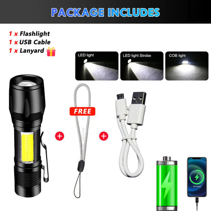 High Strong Power LED Flashlight Tactical Torch USB Rechargeable Zoom Emergency Lights For Outdoor Fishing Work Lighting Lamp