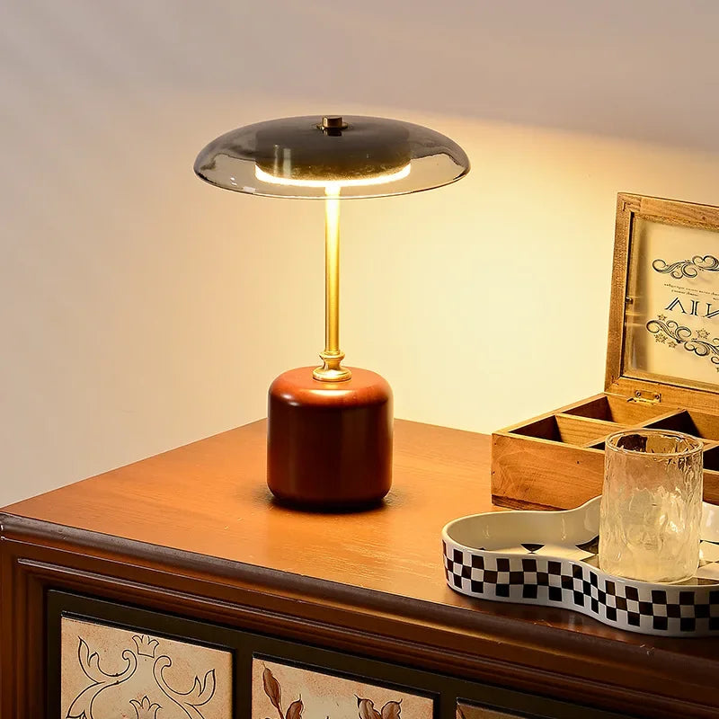 12W LED Retro Luxury Glass Timber Copper Table Lamp Designer Desktop Light for Bedside Bedroom Home Art Decor Night Light