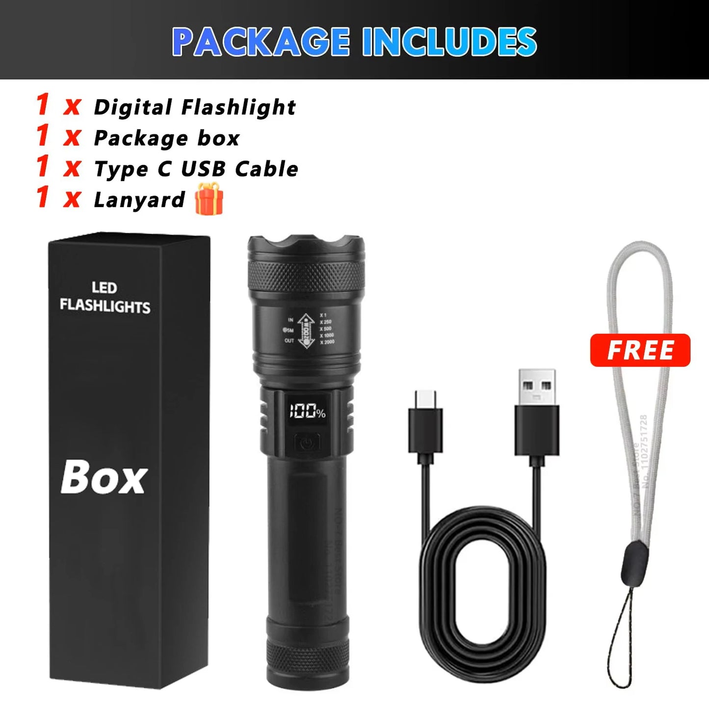 High Strong Power Led Flashlights 2000LM Tactical Torch with Display Light USB Charging Camping Fishing Emergency Zoom Lantern