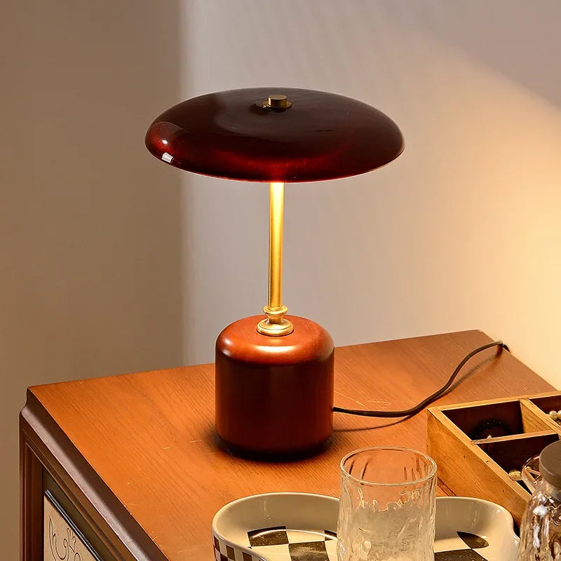 12W LED Retro Luxury Glass Timber Copper Table Lamp Designer Desktop Light for Bedside Bedroom Home Art Decor Night Light